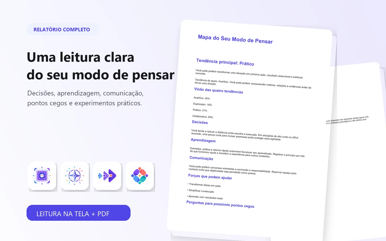 Duas páginas reais do relatório completo, acompanhadas pelos quatro emblemas de tendências